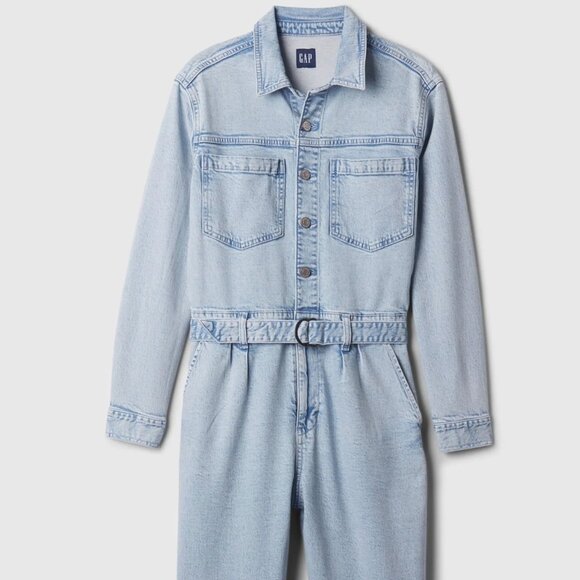 NWT GAP Stonewashed Denim Jumpsuit Belted Long Sleeve Light Jean Women's Size‎ 8 - Picture 9 of 16
